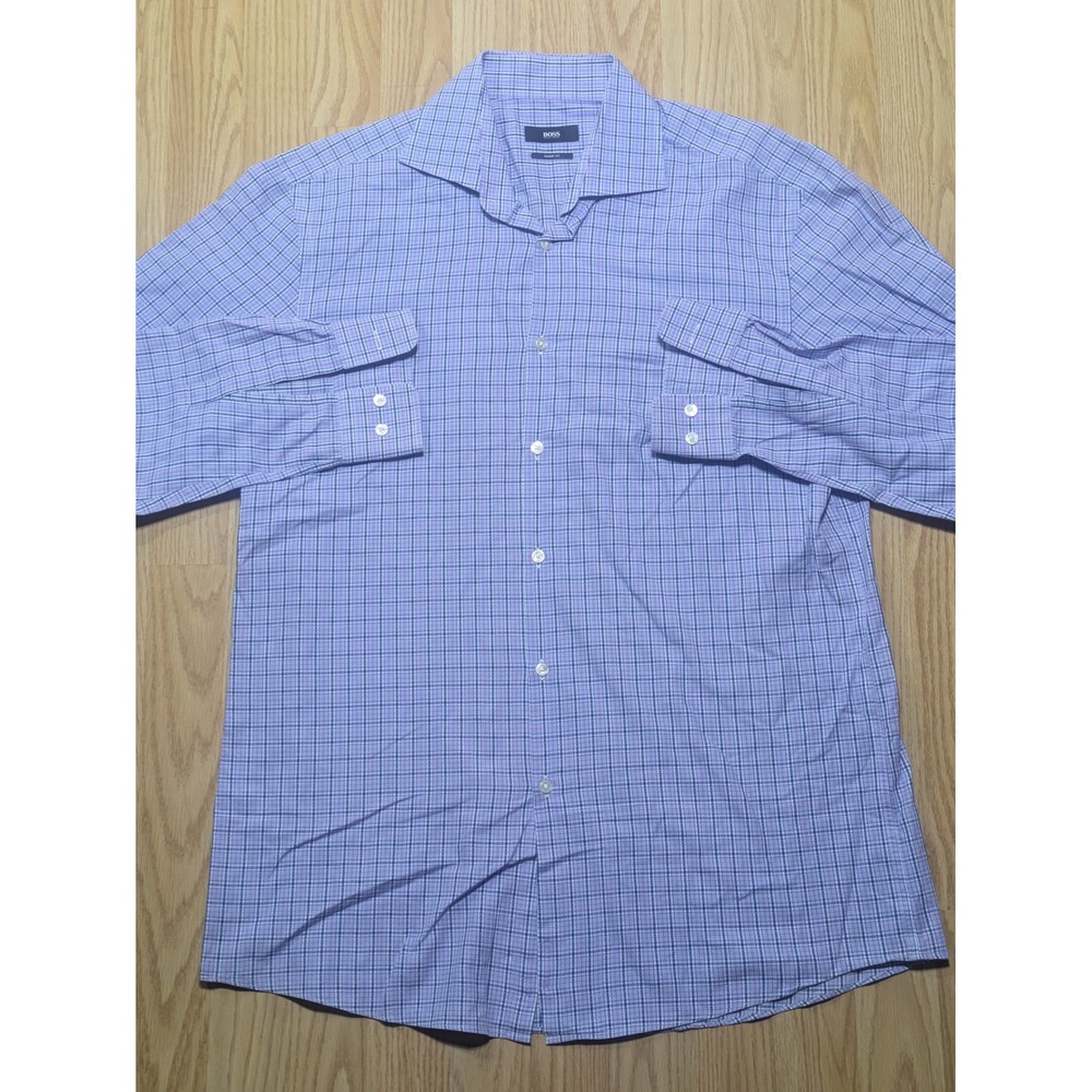 Hugo Boss Mens Sharp Fit Long Sleeve Button Down Shirt Purple Check 16 32/33
